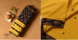 Ajrakh Applique & Mirror Embroidered Cotton Saree - Yellow & Black