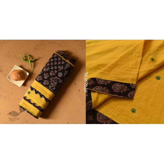 Buy Ajrakh Applique & Mirror Embroidered Cotton Saree - Yellow & Black