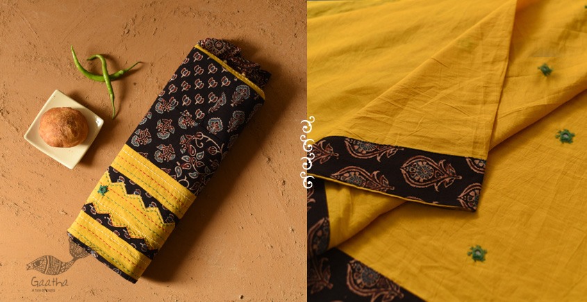 Buy Ajrakh Applique & Mirror Embroidered Cotton Saree - Yellow & Black
