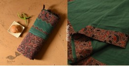 Ajrakh Applique & Mirror Work Cotton Saree - Green & Brown