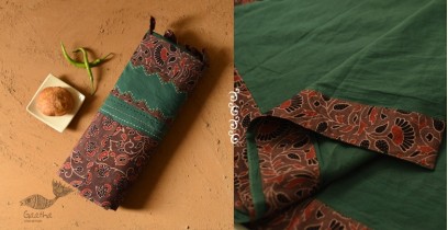 Ajrakh Applique & Mirror Work Cotton Saree - Green & Brown