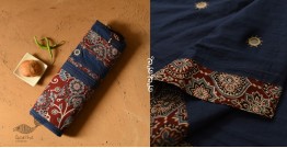 Ajrakh Applique / Patchwork Cotton Saree - Navy Blue
