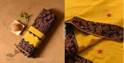 Ajrakh Applique / Patchwork Cotton Saree - Turmeric Yellow