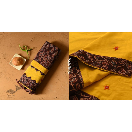 Buy Ajrakh Applique / Patchwork Cotton Turmeric Yellow saree