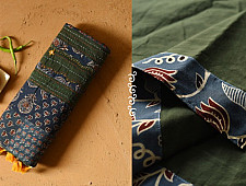 Ajrakh Patchwork & Embroidered Cotton Saree - Dark Green