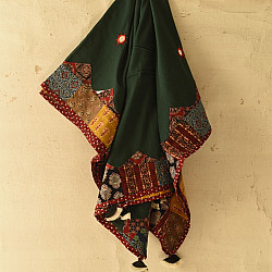 Ajrakh Applique - Embroidered Cotton Dupatta - Dark Green