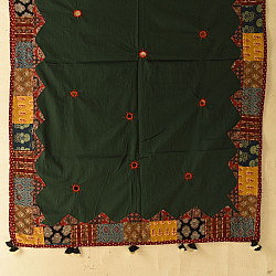 Ajrakh Applique - Embroidered Cotton Dupatta - Dark Green