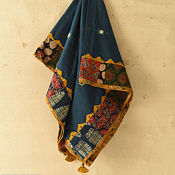 Ajrakh Applique - Embroidered Cotton Dupatta - Blue