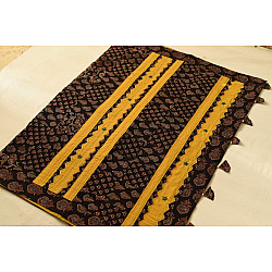 Ajrakh Applique & Mirror Embroidered Cotton Saree - Yellow & Black