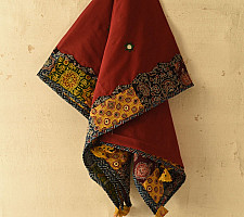 Ajrakh Applique - Embroidered Cotton Dupatta - Red