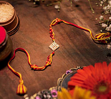 Dhokra Brass ❂ Handmade Rakhi - Red & Yellow Thread