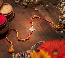 Dhokra Brass ❂ Handmade Rakhi - Red & Yellow Thread