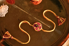 Dhokra Brass ❂ Handmade Bhabhi Rakhi - Yellow & Pink