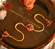 Dhokra Brass ❂ Handmade Bhabhi Rakhi - Yellow & Pink