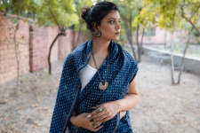 Dabu Block Printed ∷ Cotton Silk / Chanderi Saree - Indigo Blue