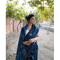 Dabu Block Printed ∷ Cotton Silk / Chanderi Saree - Indigo Blue