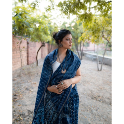 Dabu Block Printed ∷ Cotton Silk / Chanderi Saree - Indigo Blue