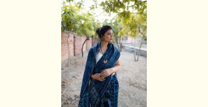 Dabu Block Printed ∷ Cotton Silk / Chanderi Saree - Indigo Blue
