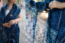 Dabu Block Printed ∷ Cotton Silk / Chanderi Saree - Indigo Blue