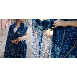 Dabu Block Printed ∷ Cotton Silk / Chanderi Saree - Indigo Blue