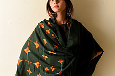 Preet ~ Hand Embroidered Phulkari Soft Wool Shawl - Bottle Green