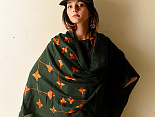 Preet ~ Hand Embroidered Phulkari Soft Wool Shawl - Bottle Green