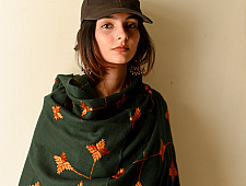 Preet ~ Hand Embroidered Phulkari Soft Wool Shawl - Bottle Green