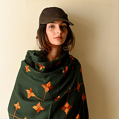 Nabha . नाभा ~ Hand Embroidered Phulkari Soft Wool Shawl - Bottle Green