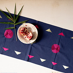 Preet ~ Hand Embroidered Phulkari Table Runner- Blue