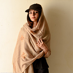 Nabha . नाभा ~ Hand Embroidered Phulkari Wool Shawl - Beige
