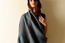 Nabha . नाभा ~ Hand Embroidered Phulkari Woolen Shawl - Grey