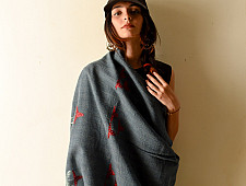 Preet ~ Hand Embroidered Phulkari Woolen Shawl - Grey