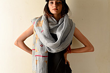 Nabha . नाभा ~ Hand Embroidered Phulkari Linen Dupatta - Light Blue