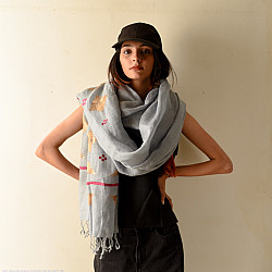 Nabha . नाभा ~ Hand Embroidered Phulkari Linen Dupatta - Light Blue