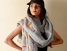 Preet ~ Hand Embroidered Phulkari Linen Dupatta - Light Blue