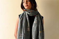 Nabha . नाभा ~ Hand Embroidered Phulkari Silk Stole - Grey