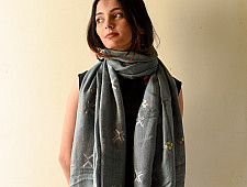 Preet ~ Hand Embroidered Phulkari Silk Stole - Grey