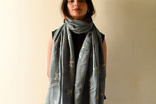 Nabha . नाभा ~ Hand Embroidered Phulkari Silk Stole - Grey