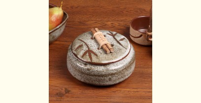 Nakshikathaa | Designer Ceramic Serving Bowl with Lid - Olive Green