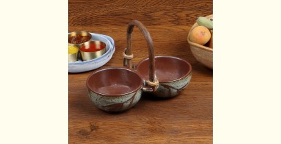 Nakshikathaa |Ceramic Serving Designer Bowls With Handle - Olive Green