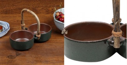 Nakshikathaa |Ceramic Serving Bowls With Handle - Dark Green