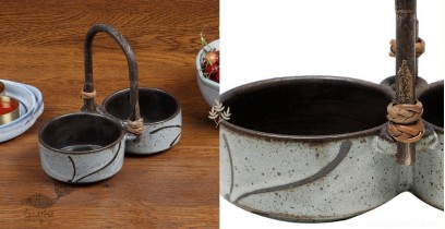 Nakshikathaa |Ceramic Serving Bowls With Handle - Light Blue