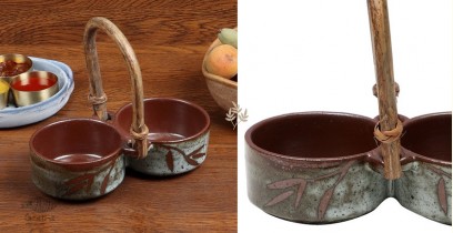Nakshikathaa |Ceramic Serving Bowls With Handle - Olive Green