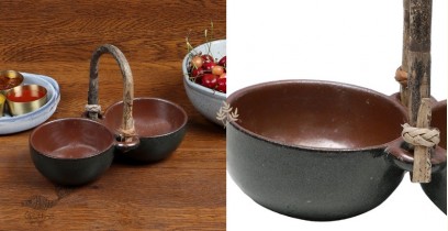 Nakshikathaa |Ceramic Serving Designer Bowls With Handle - Dark Green
