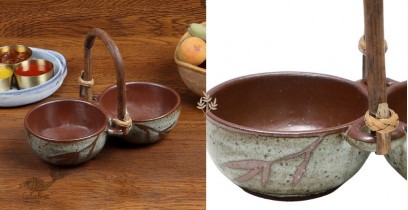 Nakshikathaa |Ceramic Serving Designer Bowls With Handle - Olive Green
