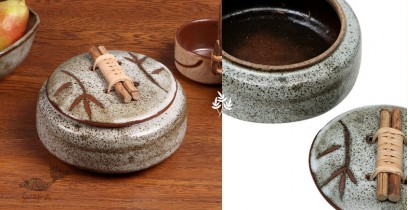 Nakshikathaa | Designer Ceramic Serving Bowl with Lid - Olive Green