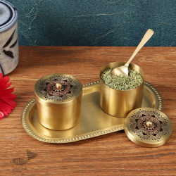 Nakshikathaa ✠ Brass Condiment Jars with Tray & Spoon ( Three Color Options )