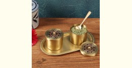 Nakshikathaa ✠ Brass Condiment Jars with Tray & Spoon ( Three Color Options )