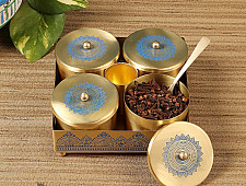 Brass | Mukhvas Jars With Holder & Spoon ( Three Color Options )