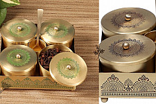 Brass | Mukhvas Jars With Holder & Spoon ( Three Color Options )